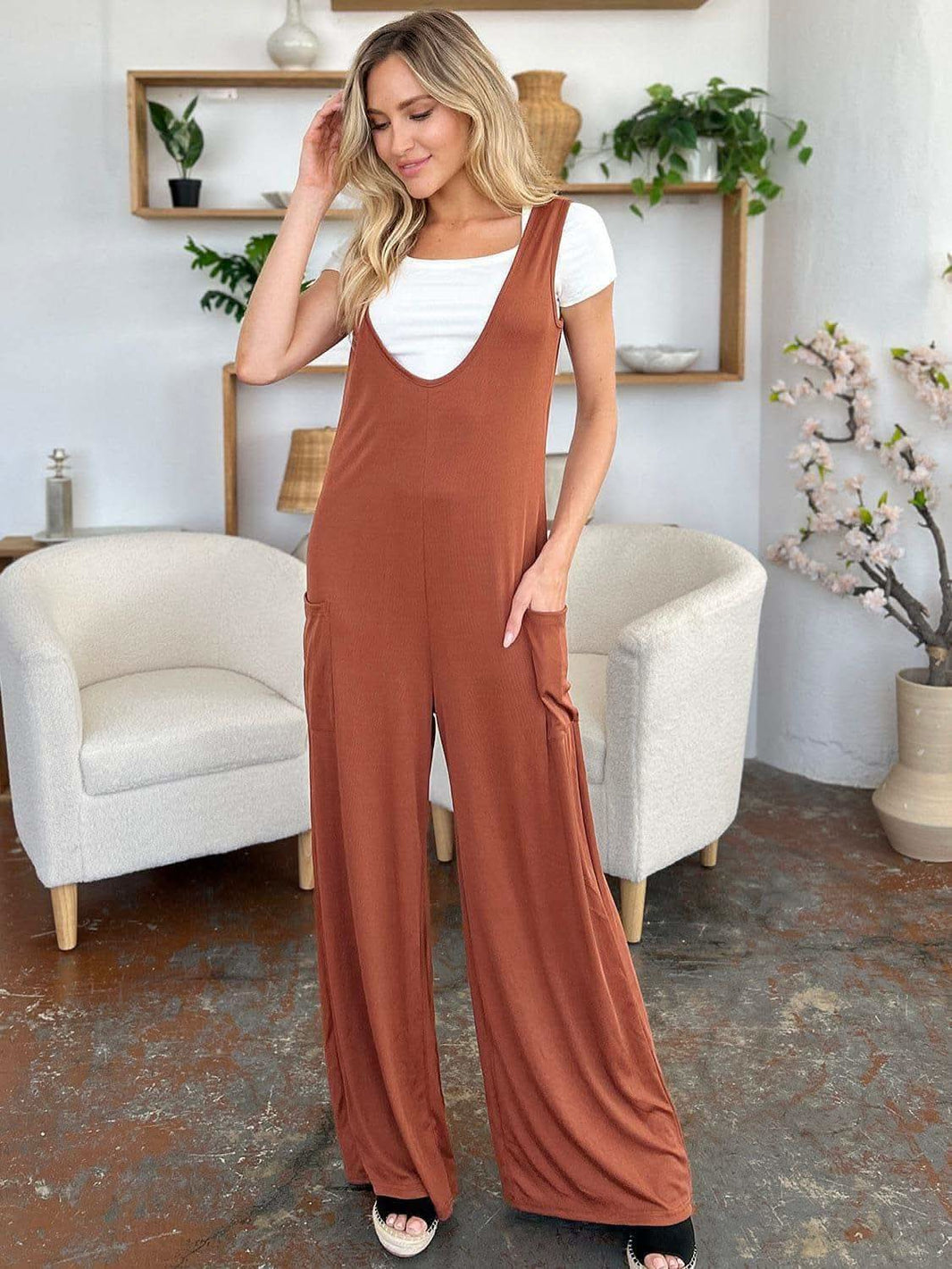 Double Take Full Size Sleeveless Wide Leg Jumpsuit with Pockets - SwagglyLife Home & Fashion